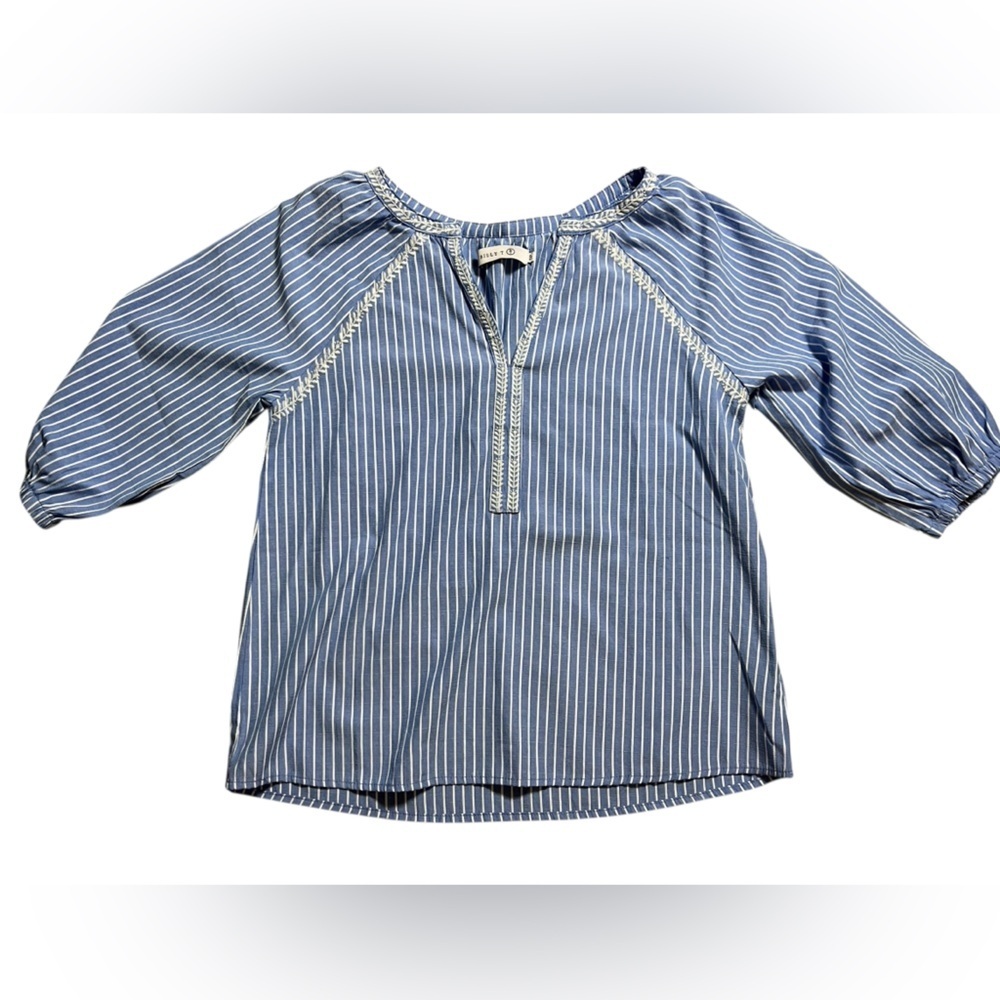 Billy T Blue Striped Embroidered Peasant Blouse Boho Coastal Cottagecore SP - Picture 2 of 5
